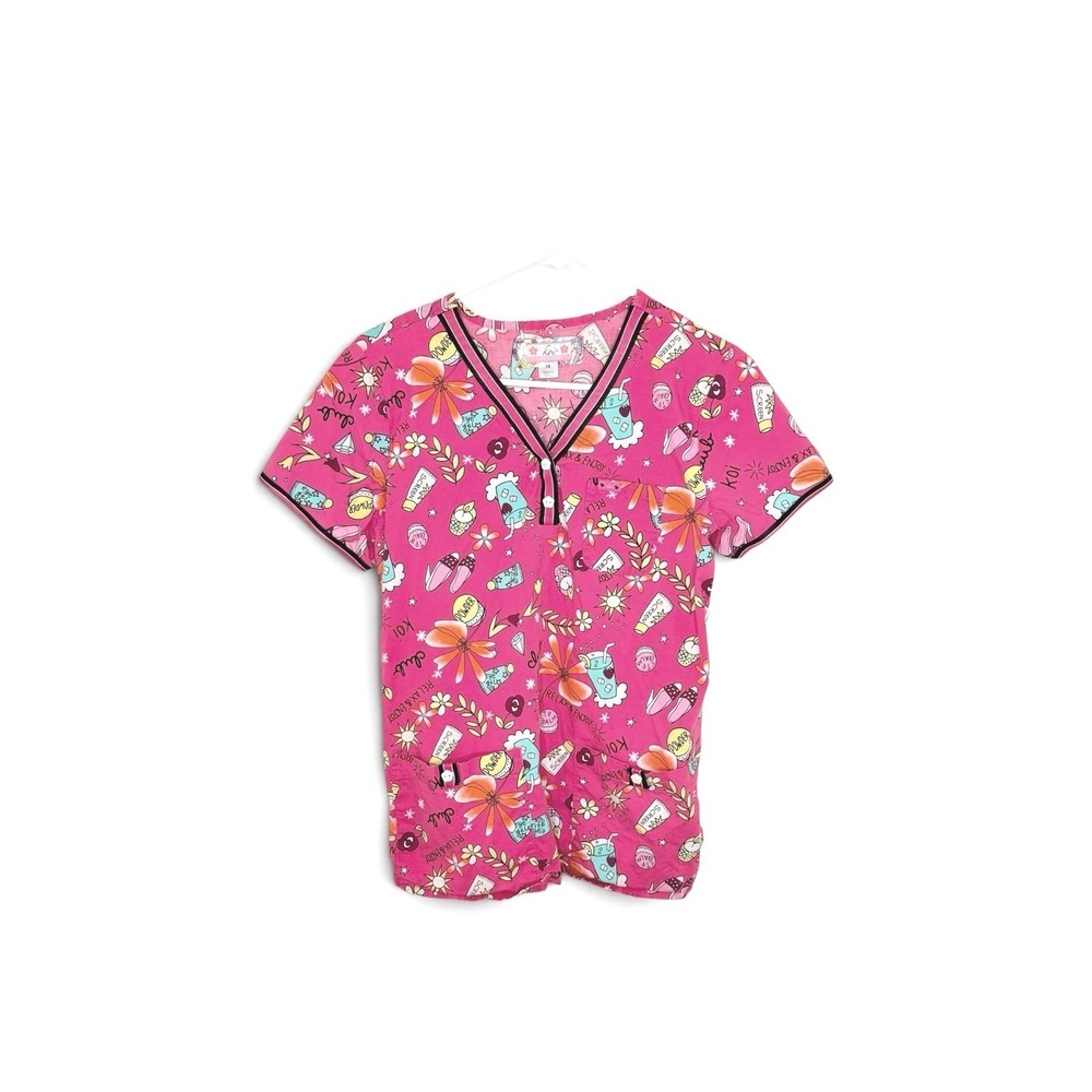 Koi "Relax & Enjoy" Pink Scrub Top M *Drinks*Heels*Sunscreen… CNA/RN/Nurse